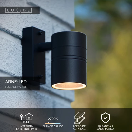 Lucide ARNE-LED - Foco de pared / Lámpara de pared Dentro/Fuera - Ø 6,3 cm - LED - GU10 - 1x5W 2700K - IP44 - Negro - USP